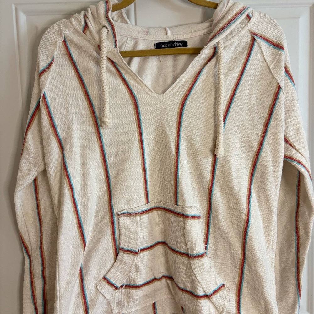 Ocean Drive Cream and Red/blue hoodie boho surfer style vintage look size S